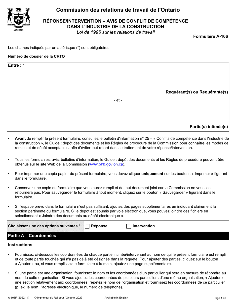 Forme A-106 Reponse / Intervention - Avis De Conflit De Competence Dans Lindustrie De La Construction - Ontario, Canada (French), Page 1