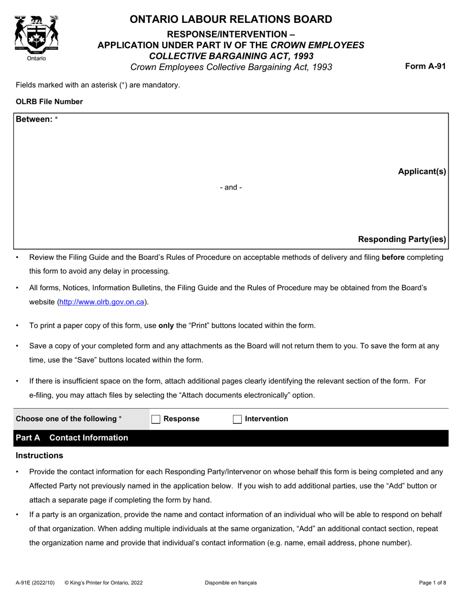 Form A-91 Response / Intervention - Application Under Part IV of the Crown Employees Collective Bargaining Act, 1993 - Ontario, Canada, Page 1