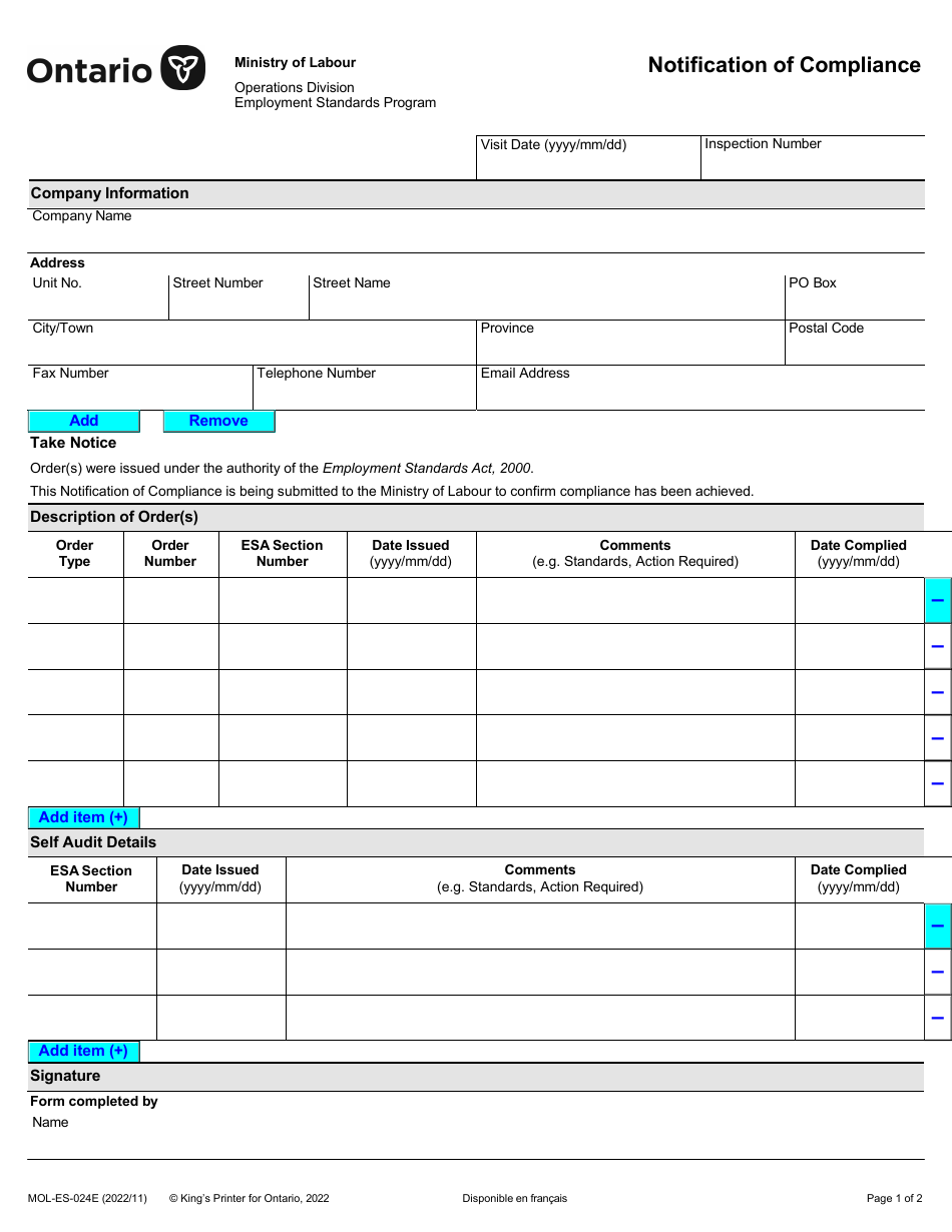 Form MOL-ES-024E Notification of Compliance - Ontario, Canada, Page 1