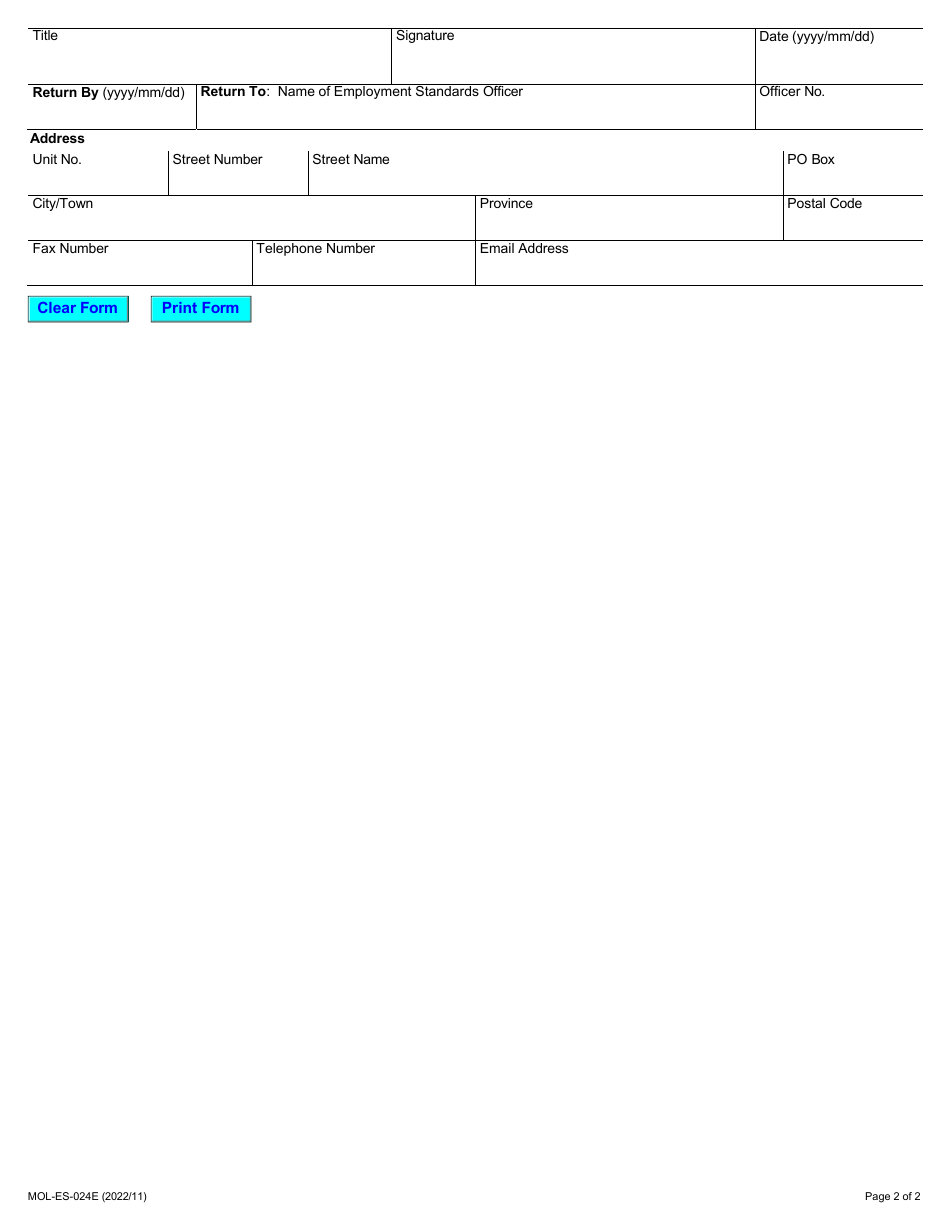 Form MOL-ES-024E Notification of Compliance - Ontario, Canada, Page 2