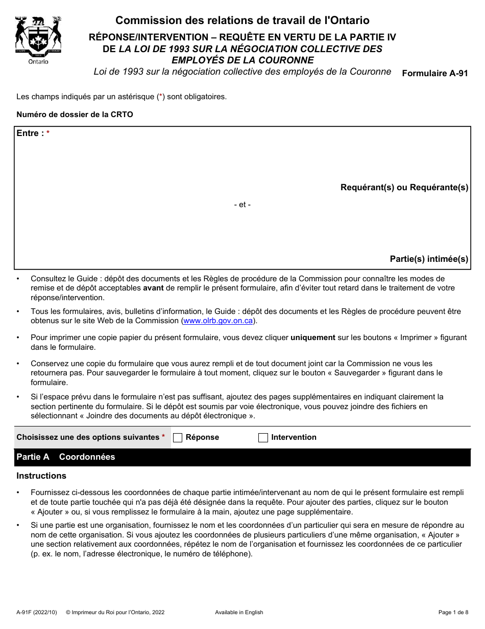 Forme A-91 Reponse / Intervention - Requete En Vertu De La Partie IV De La Loi De 1993 Sur La Negociation Collective DES Employes De La Couronne - Ontario, Canada (French), Page 1