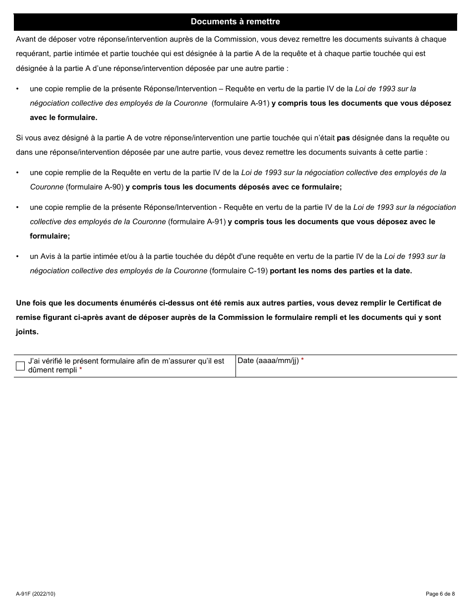 Forme A-91 Reponse / Intervention - Requete En Vertu De La Partie IV De La Loi De 1993 Sur La Negociation Collective DES Employes De La Couronne - Ontario, Canada (French), Page 6