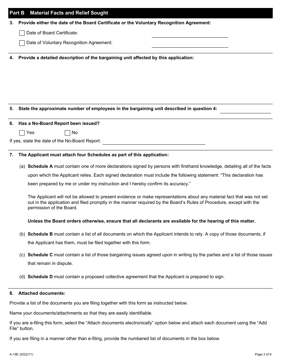 Form A-19 Application Under Section 43 of the Act (Direction That a First Collective Agreement Be Settled by Arbitration) - Ontario, Canada, Page 3