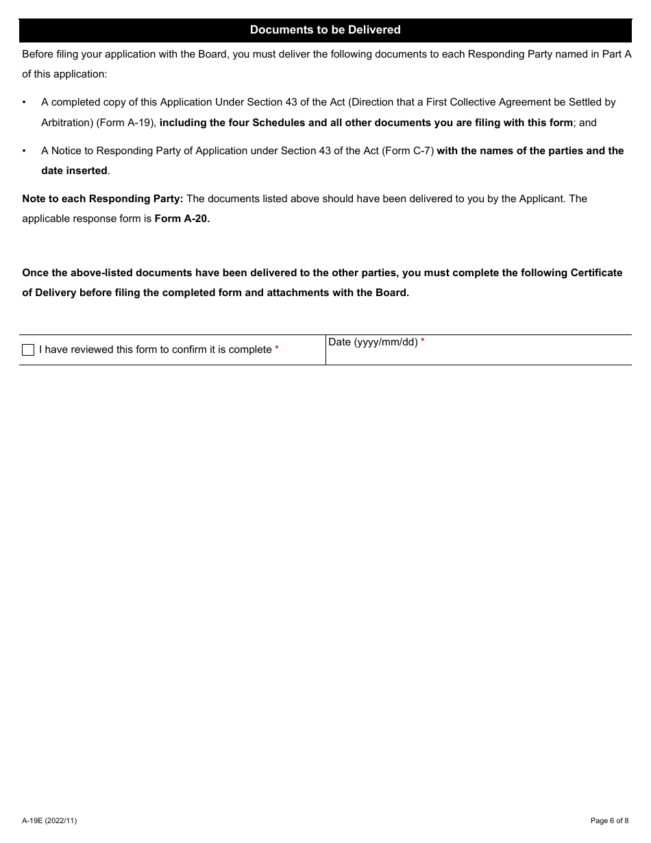 Form A-19 Application Under Section 43 of the Act (Direction That a First Collective Agreement Be Settled by Arbitration) - Ontario, Canada, Page 6