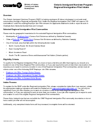 Document preview: Form ON00058E Regional Immigration Pilot Intake - Ontario Immigrant Nominee Program - Ontario, Canada