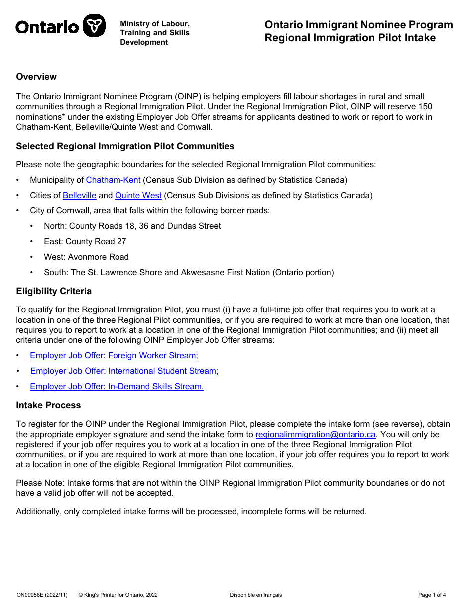 Form ON00058E Regional Immigration Pilot Intake - Ontario Immigrant Nominee Program - Ontario, Canada, Page 1