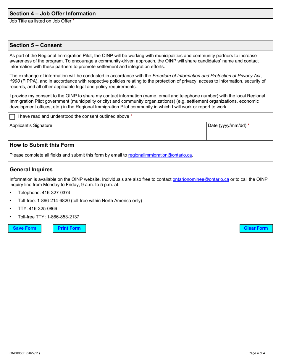 Form ON00058E Regional Immigration Pilot Intake - Ontario Immigrant Nominee Program - Ontario, Canada, Page 4