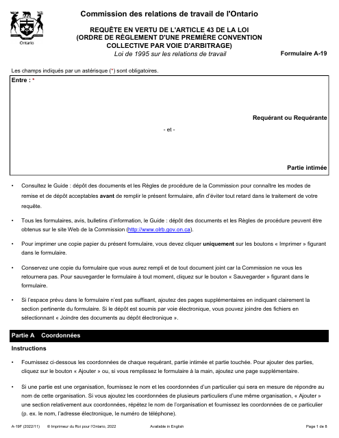 Forme A-19 Requete En Vertu De L'article 43 De La Loi (Ordre De Reglement D'une Premiere Convention Collective Par Voie D'arbitrage) - Ontario, Canada (French)