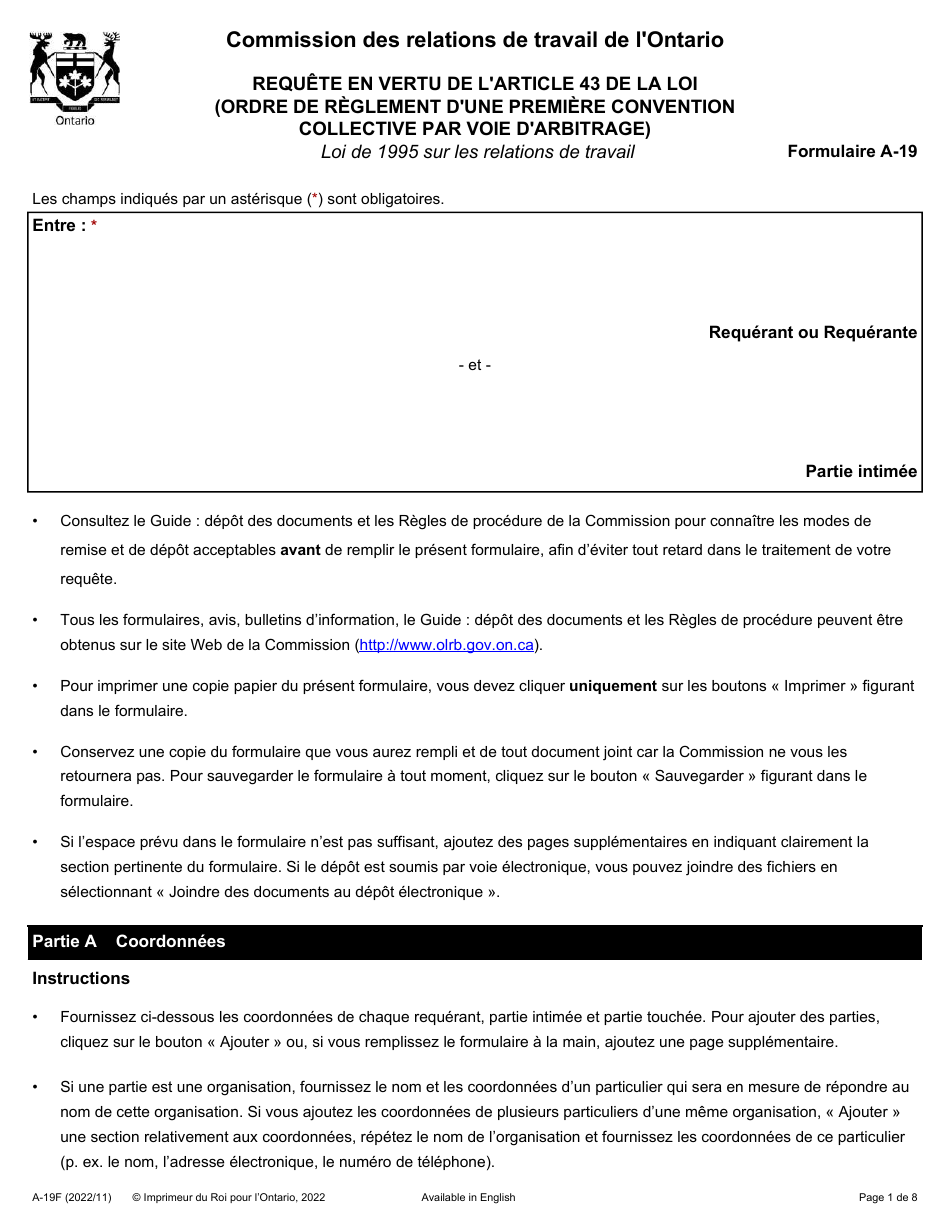 Forme A-19 Requete En Vertu De Larticle 43 De La Loi (Ordre De Reglement Dune Premiere Convention Collective Par Voie Darbitrage) - Ontario, Canada (French), Page 1