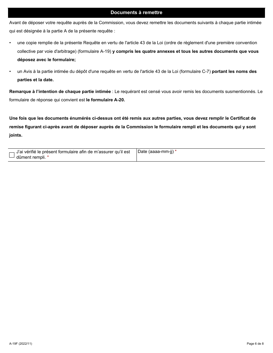 Forme A-19 Requete En Vertu De Larticle 43 De La Loi (Ordre De Reglement Dune Premiere Convention Collective Par Voie Darbitrage) - Ontario, Canada (French), Page 6