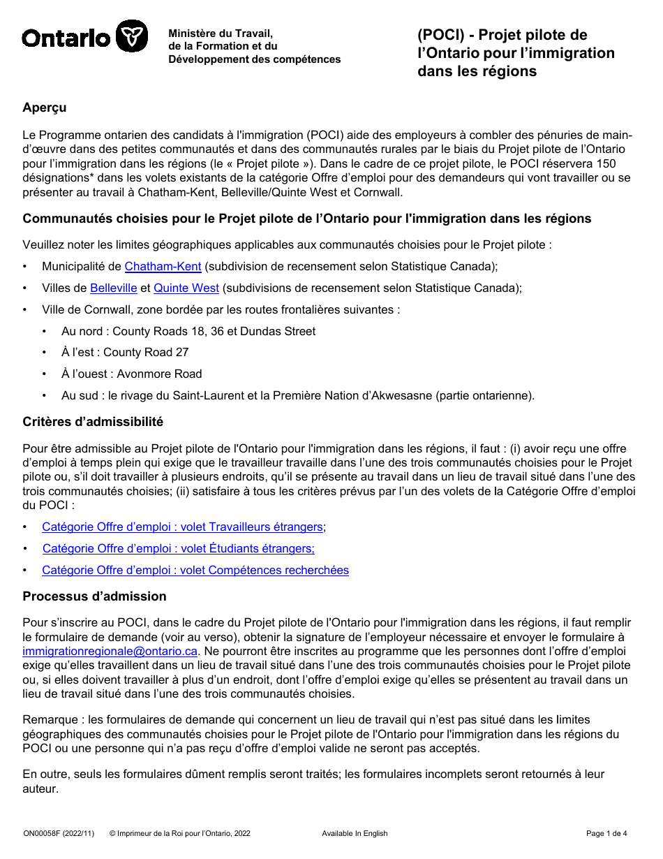 Forme ON00058F (Poci) - Projet Pilote De Lontario Pour Limmigration Dans Les Regions - Ontario, Canada (French), Page 1