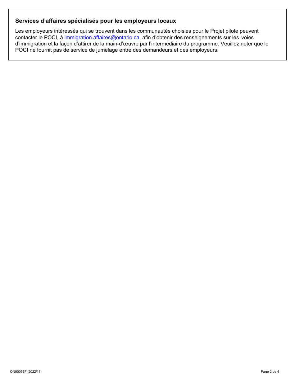 Forme ON00058F (Poci) - Projet Pilote De Lontario Pour Limmigration Dans Les Regions - Ontario, Canada (French), Page 2