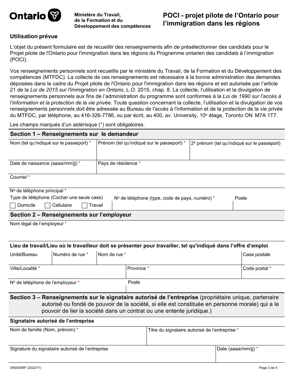 Forme ON00058F (Poci) - Projet Pilote De Lontario Pour Limmigration Dans Les Regions - Ontario, Canada (French), Page 3