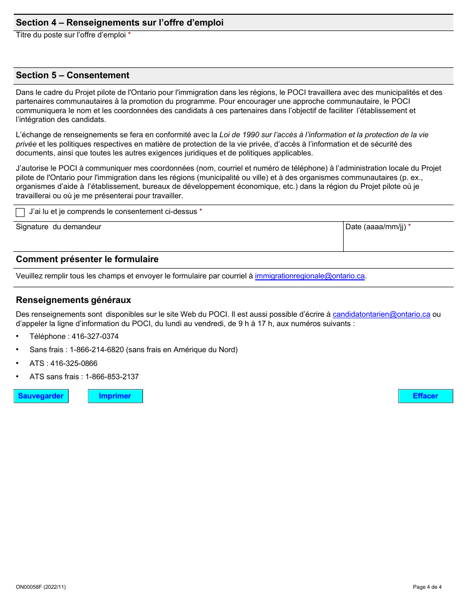 Forme ON00058F (Poci) - Projet Pilote De Lontario Pour Limmigration Dans Les Regions - Ontario, Canada (French), Page 4