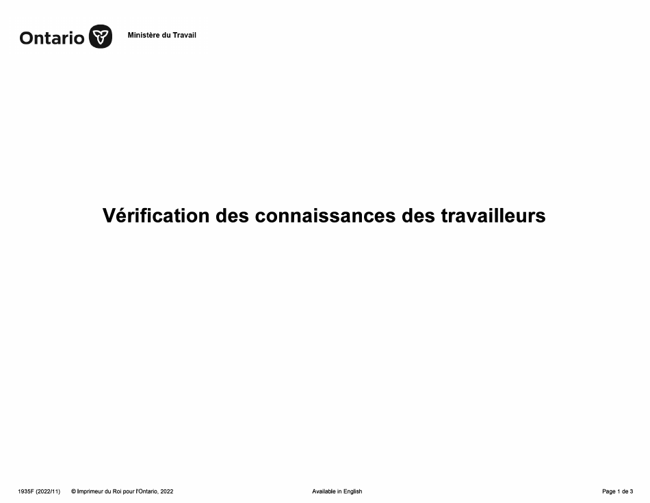 Forme 1935F Verification DES Connaissances DES Travailleurs - Ontario, Canada (French), Page 1