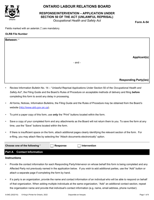 Form A-54 Response/Intervention - Application Under Section 50 of the Act (Unlawful Reprisal) - Ontario, Canada