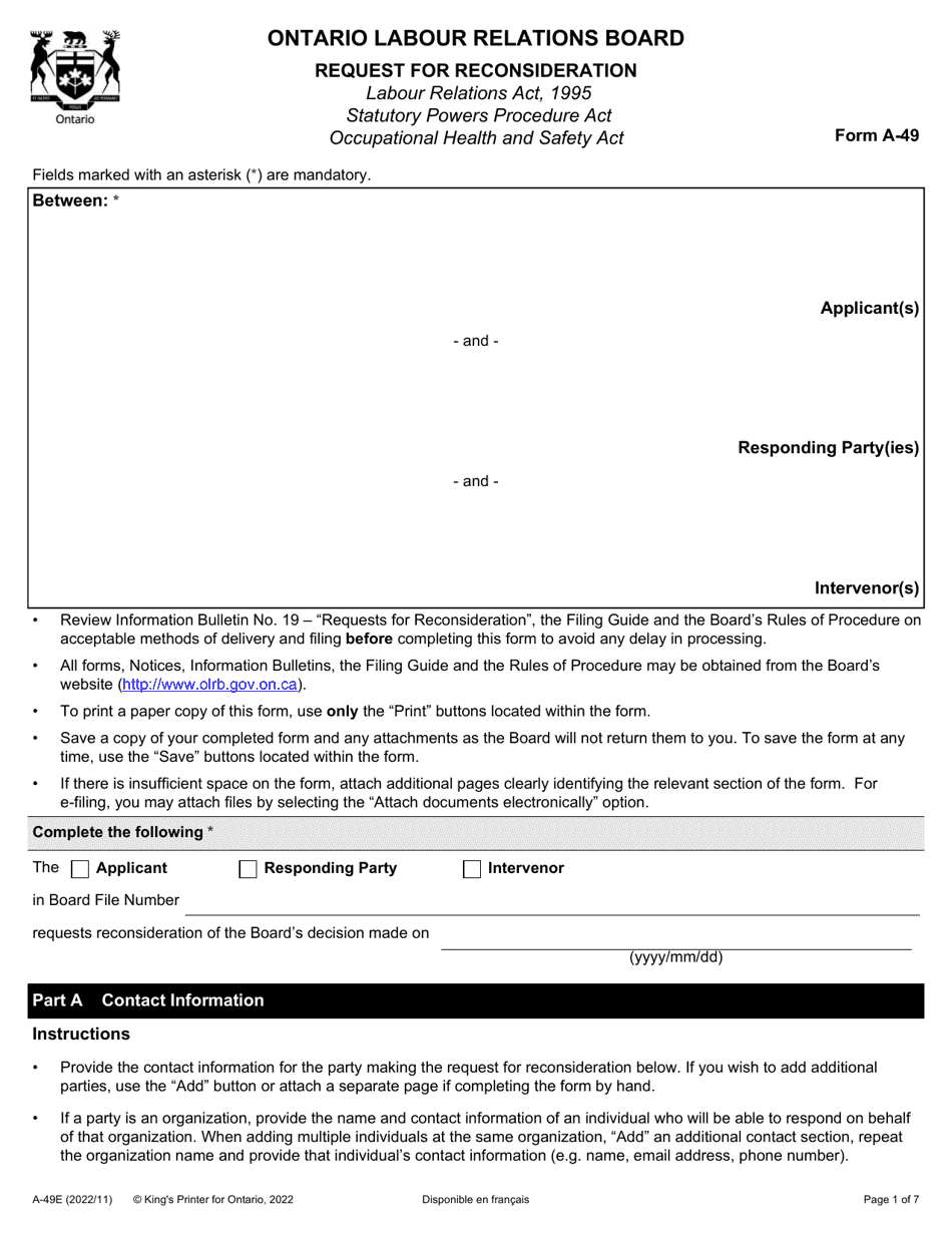 Form A-49 Request for Reconsideration - Ontario, Canada, Page 1
