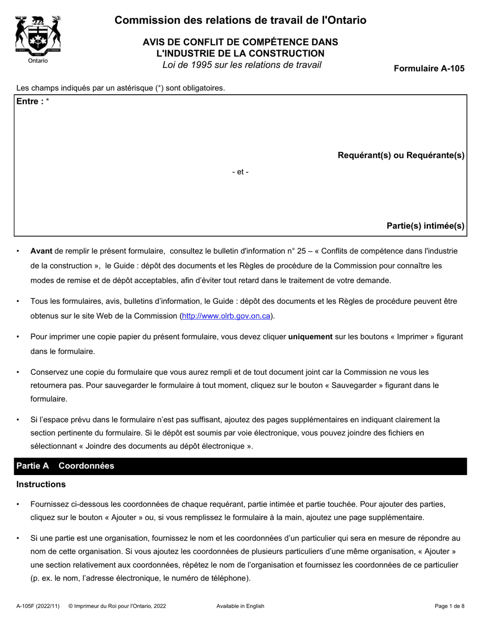 Forme A-105 Avis De Conflit De Competence Dans Lindustrie De La Construction - Ontario, Canada (French), Page 1