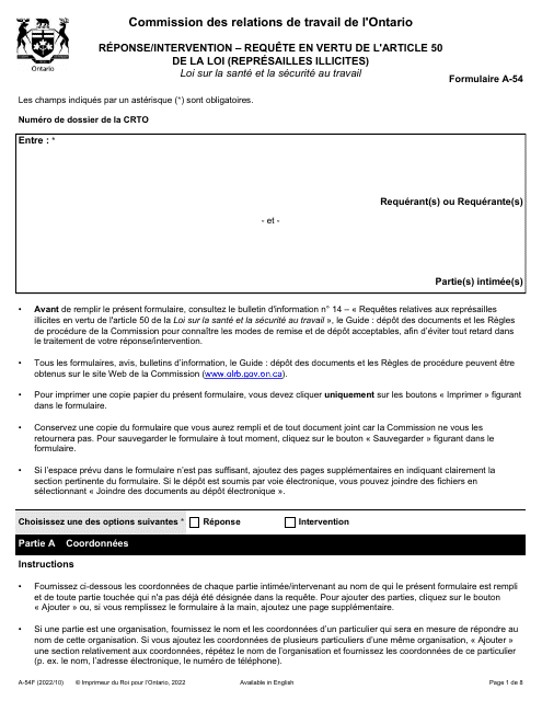Forme A-54 Reponse/Intervention - Requete En Vertu De L'article 50 De La Loi (Represailles Illicites) - Ontario, Canada (French)