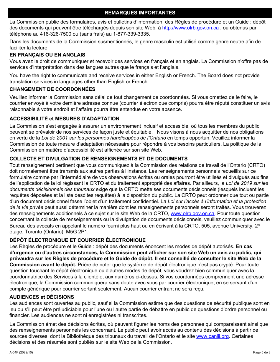 Forme A-54 Reponse / Intervention - Requete En Vertu De Larticle 50 De La Loi (Represailles Illicites) - Ontario, Canada (French), Page 5