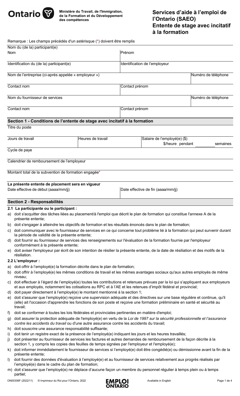 Forme ON00306F Services Daide a Lemploi De Lontario (Saeo) Entente De Stage Avec Incitatif a La Formation - Ontario, Canada (French), Page 1