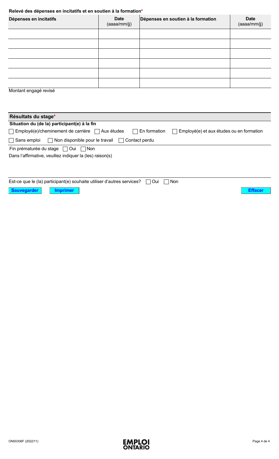 Forme ON00306F Services Daide a Lemploi De Lontario (Saeo) Entente De Stage Avec Incitatif a La Formation - Ontario, Canada (French), Page 4