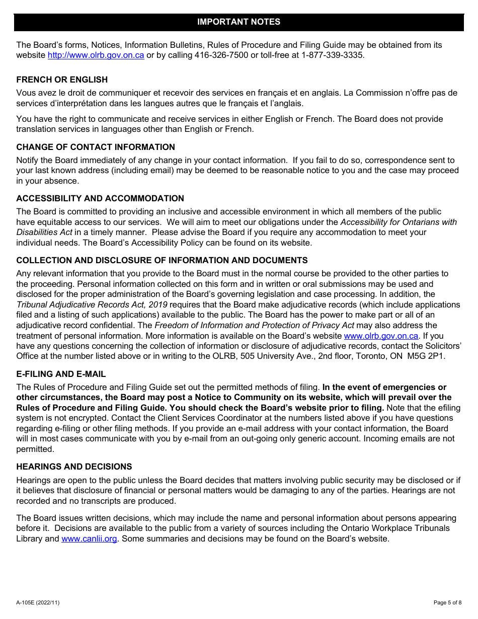 Form A-105 Notice of Jurisdictional Dispute in the Construction Industry - Ontario, Canada, Page 5