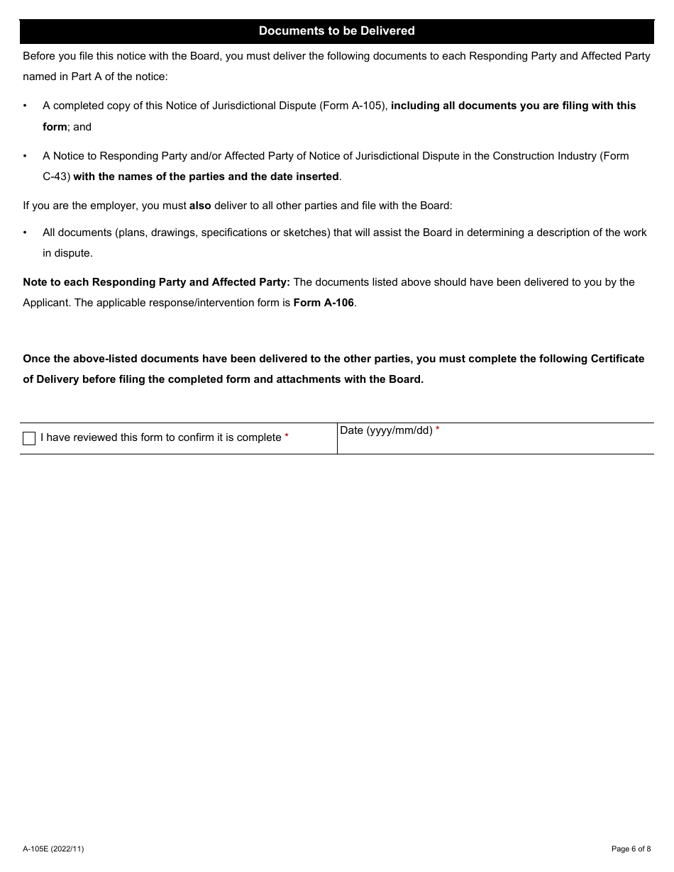 Form A-105 Notice of Jurisdictional Dispute in the Construction Industry - Ontario, Canada, Page 6