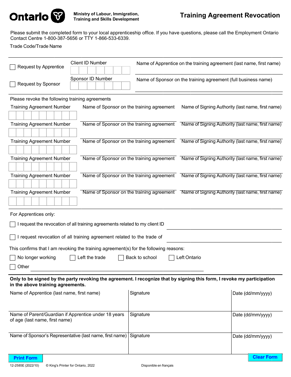Form 12-2585E Training Agreement Revocation - Ontario, Canada, Page 1