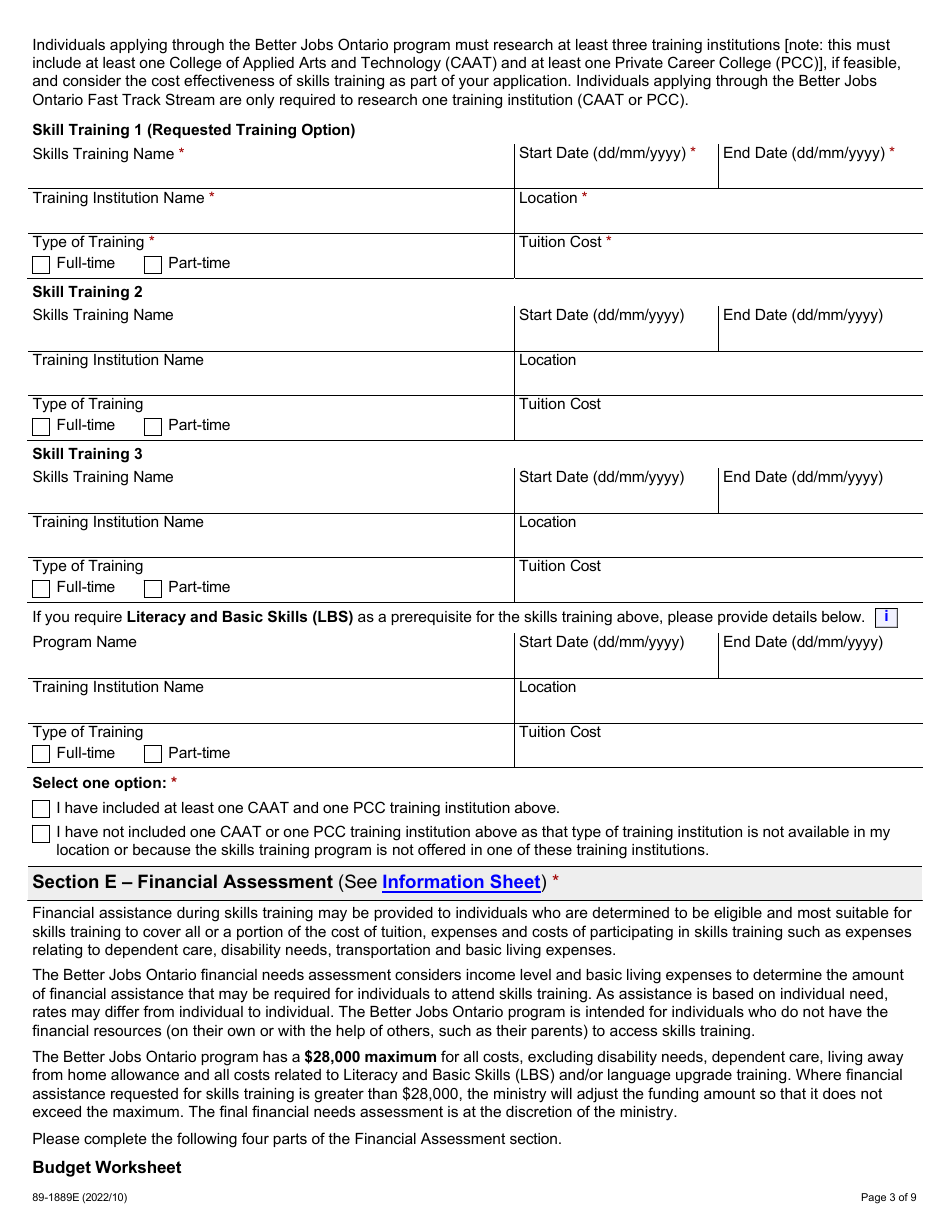 Form 89-1889E Better Jobs Ontario (Bjo) Application for Financial Assistance - Ontario, Canada, Page 3