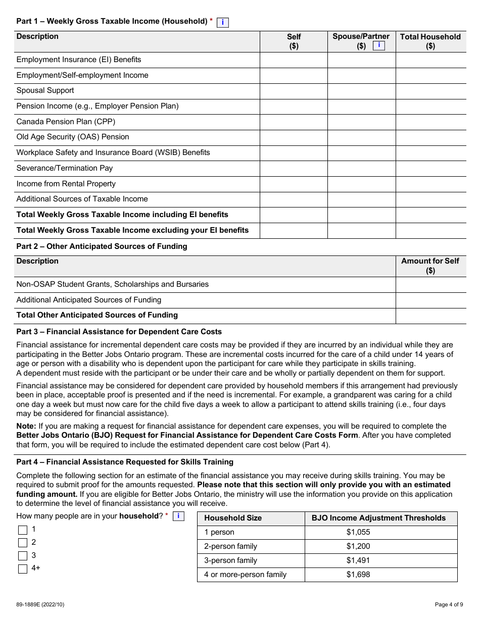 Form 89-1889E Better Jobs Ontario (Bjo) Application for Financial Assistance - Ontario, Canada, Page 4