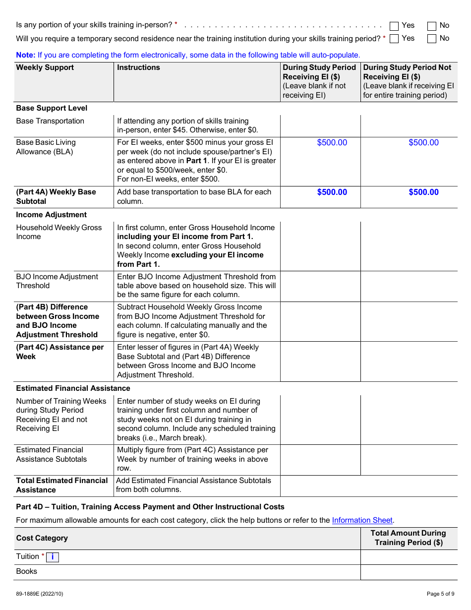 Form 89-1889E Better Jobs Ontario (Bjo) Application for Financial Assistance - Ontario, Canada, Page 5