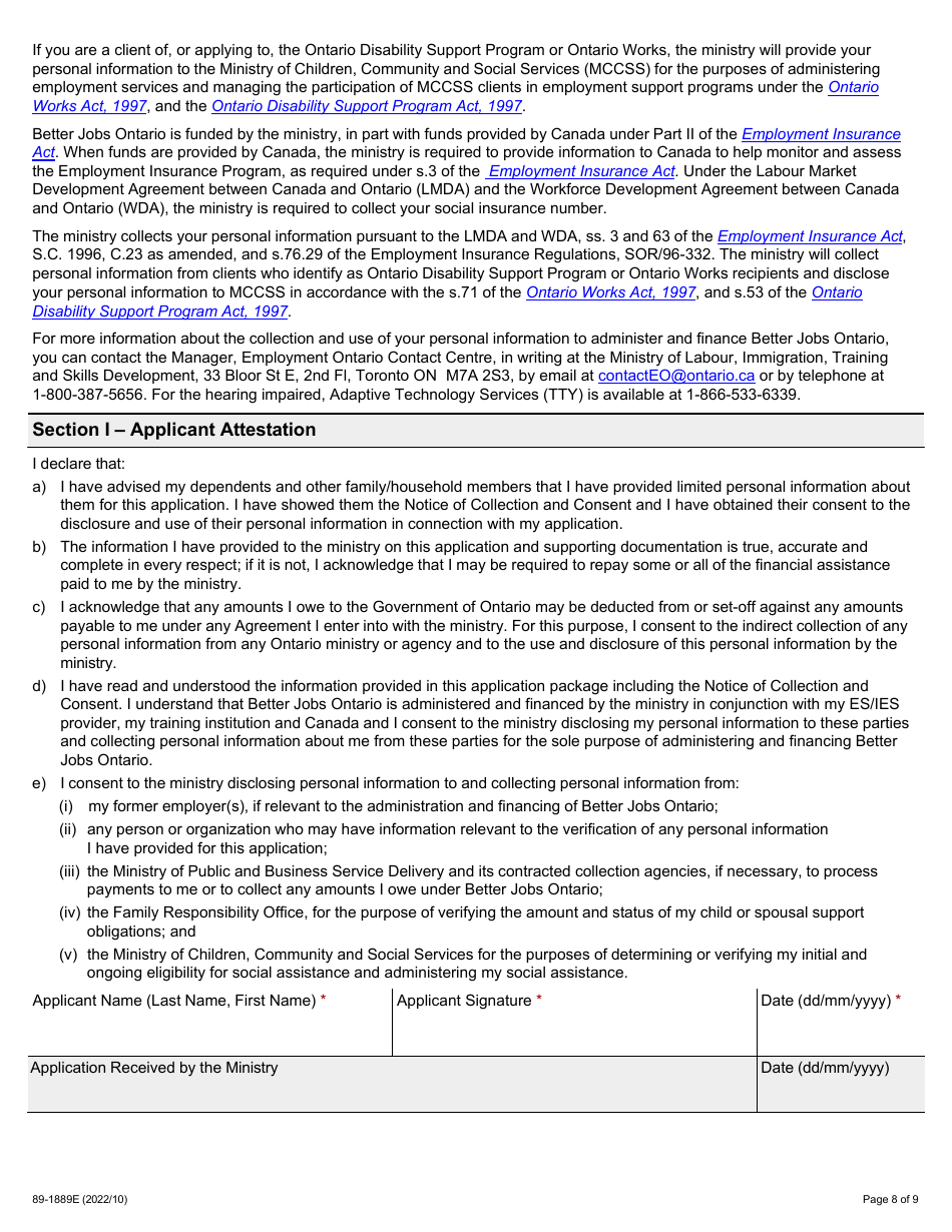 Form 89-1889E Better Jobs Ontario (Bjo) Application for Financial Assistance - Ontario, Canada, Page 8