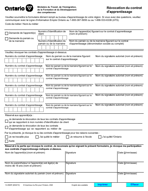 Forme 12-2585F Revocation Du Contrat D'apprentissage - Ontario, Canada (French)