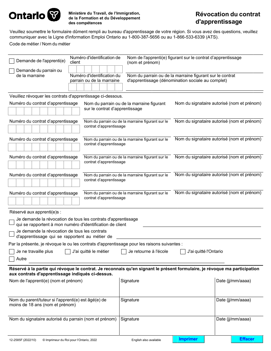 Forme 12-2585F Revocation Du Contrat Dapprentissage - Ontario, Canada (French), Page 1