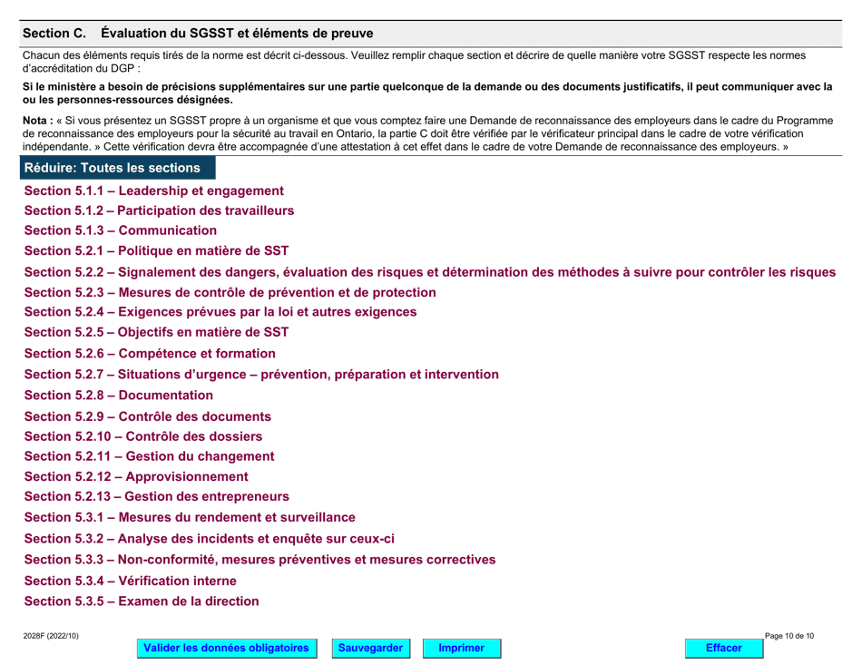Forme 2028F Demande Daccreditation Concernant Les Systemes De Gestion De La Sante Et De La Securite Au Travail (Sgsst) - Ontario, Canada (French), Page 10