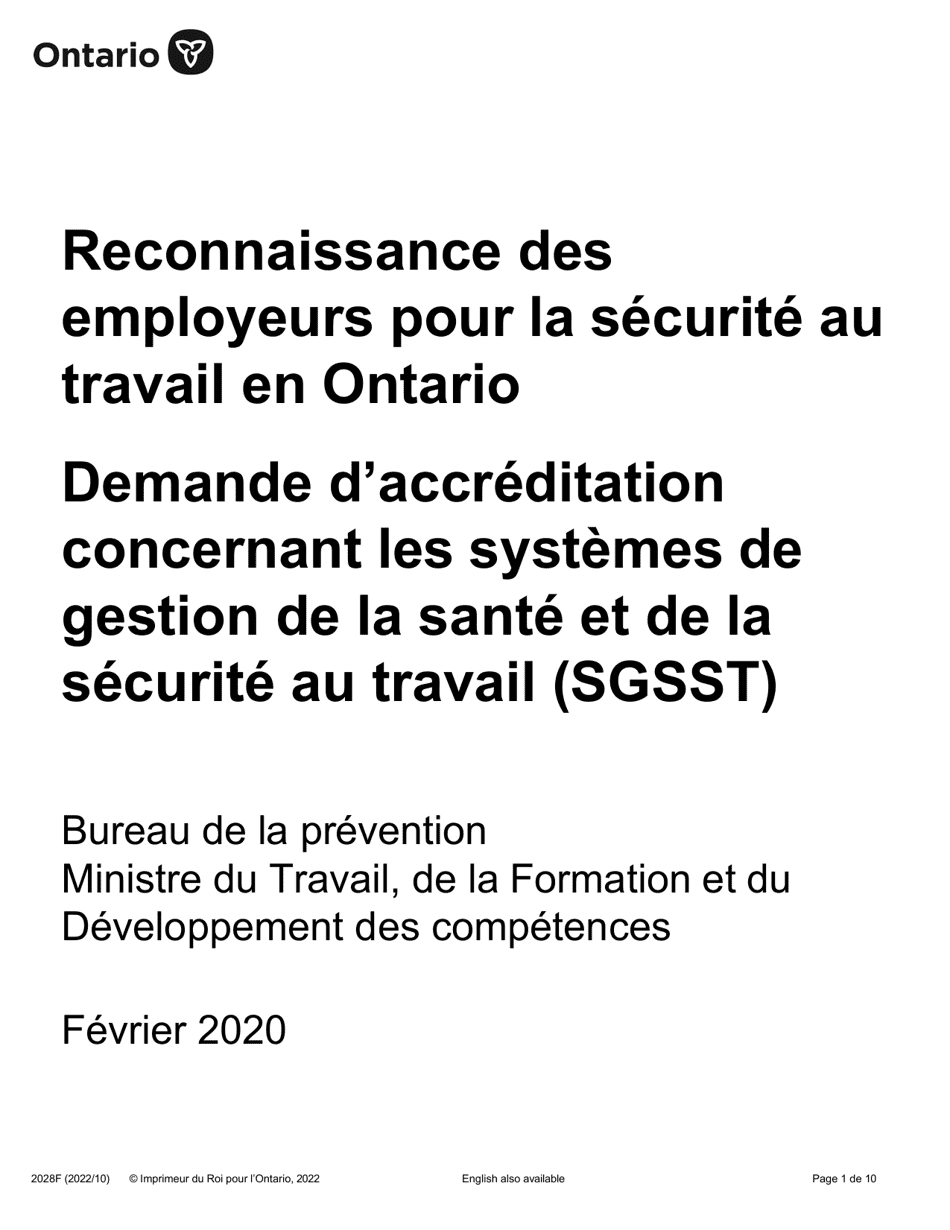 Forme 2028F Demande Daccreditation Concernant Les Systemes De Gestion De La Sante Et De La Securite Au Travail (Sgsst) - Ontario, Canada (French), Page 1