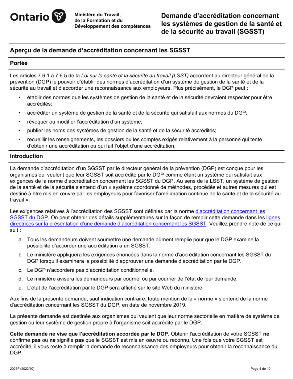 Forme 2028F Demande Daccreditation Concernant Les Systemes De Gestion De La Sante Et De La Securite Au Travail (Sgsst) - Ontario, Canada (French), Page 4