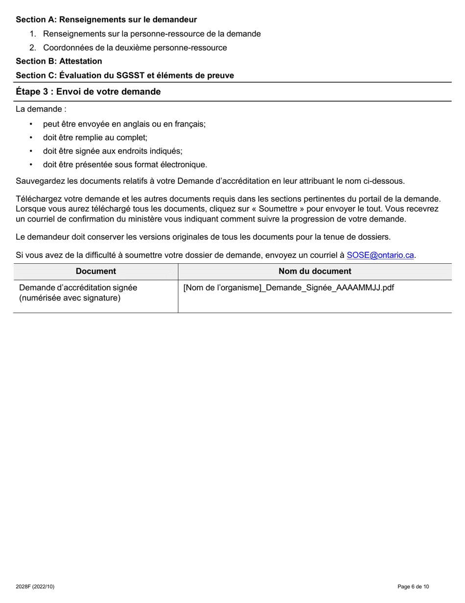 Forme 2028F Demande Daccreditation Concernant Les Systemes De Gestion De La Sante Et De La Securite Au Travail (Sgsst) - Ontario, Canada (French), Page 6
