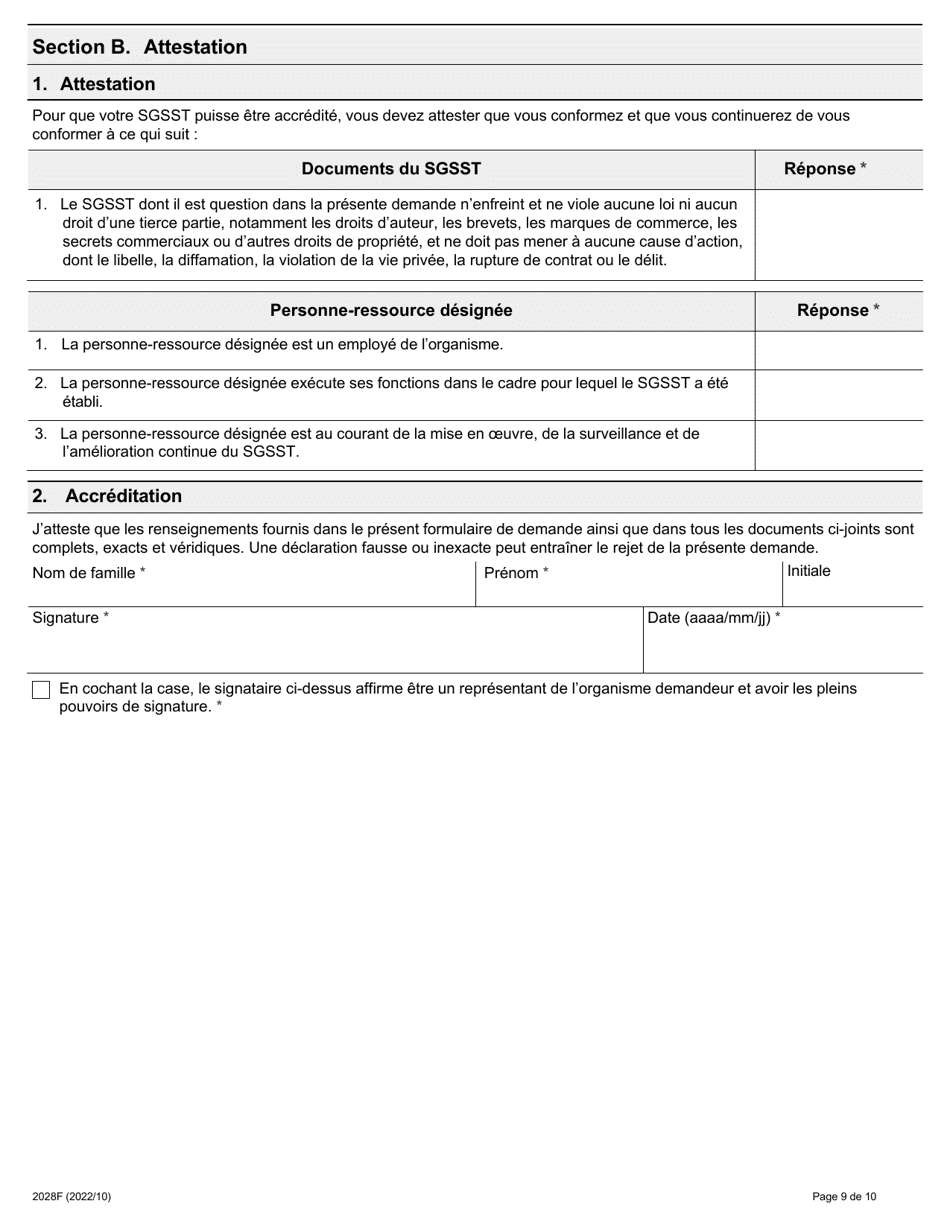 Forme 2028F Demande Daccreditation Concernant Les Systemes De Gestion De La Sante Et De La Securite Au Travail (Sgsst) - Ontario, Canada (French), Page 9