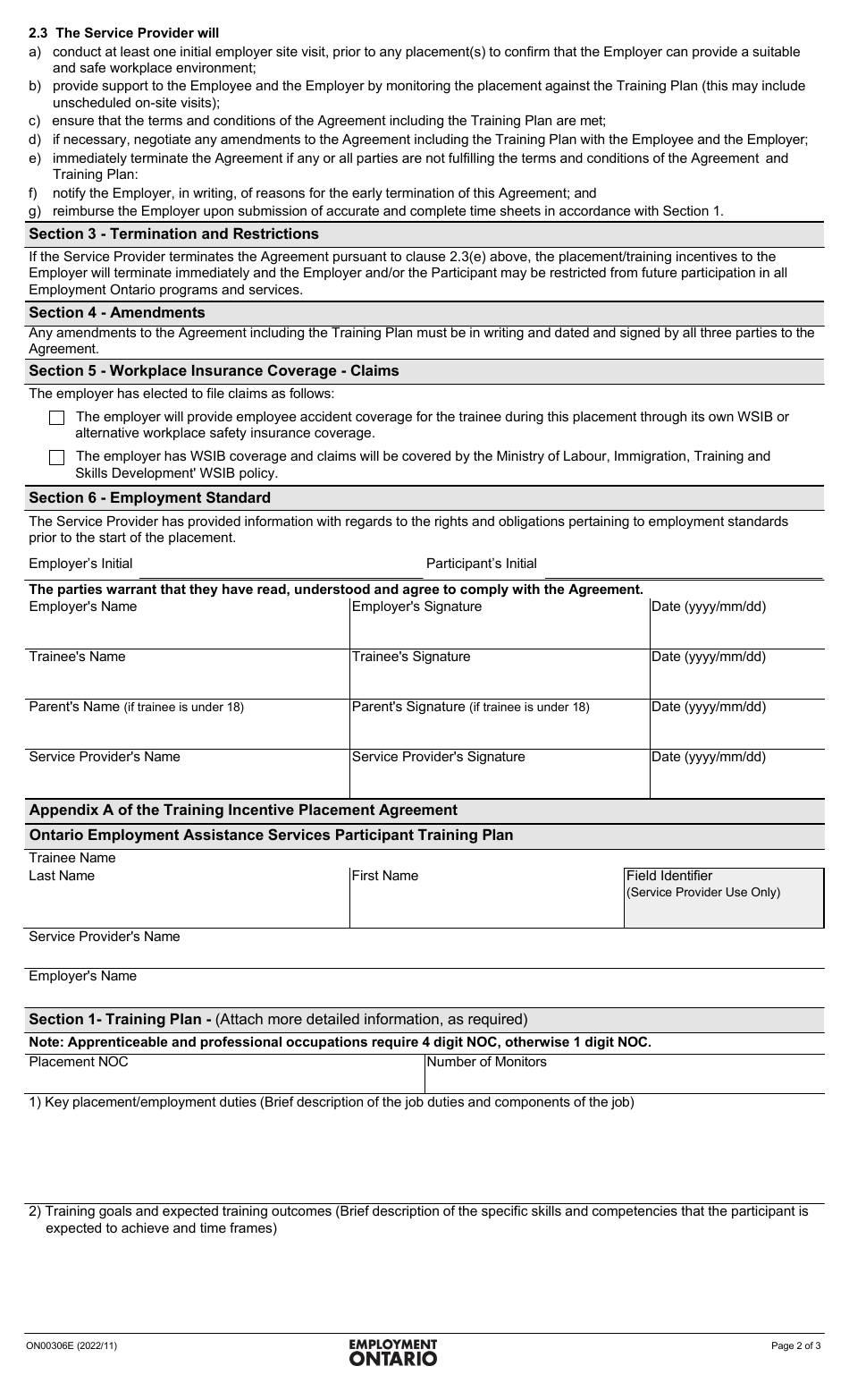 Form ON00306E Ontario Employment Assistance Services Training Incentive Placement Agreement - Ontario, Canada, Page 2