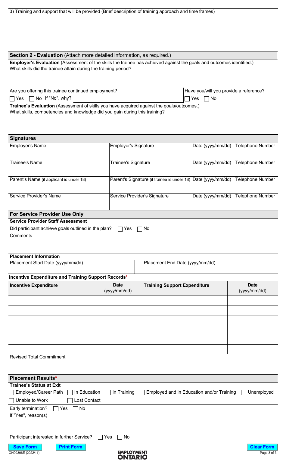 Form ON00306E Ontario Employment Assistance Services Training Incentive Placement Agreement - Ontario, Canada, Page 3