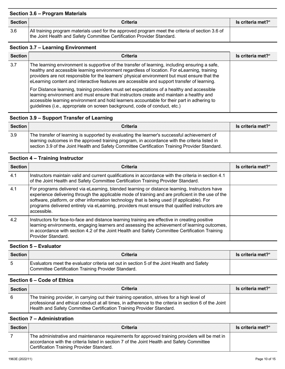 Form 1963E Joint Health and Safety Committee (Jhsc) Certification Training Provider Application - Ontario, Canada, Page 10