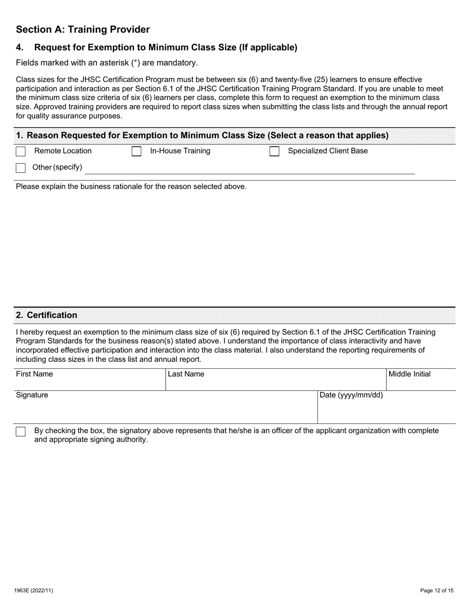 Form 1963E Joint Health and Safety Committee (Jhsc) Certification Training Provider Application - Ontario, Canada, Page 12