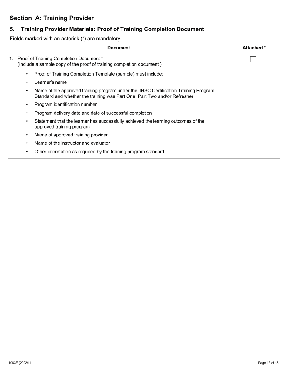 Form 1963E Joint Health and Safety Committee (Jhsc) Certification Training Provider Application - Ontario, Canada, Page 13