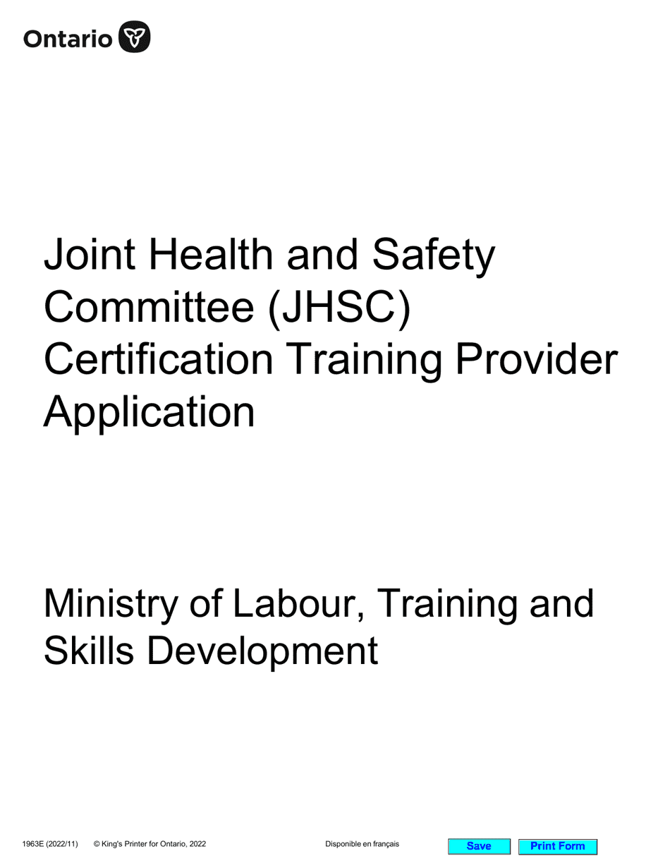 Form 1963E Joint Health and Safety Committee (Jhsc) Certification Training Provider Application - Ontario, Canada, Page 1