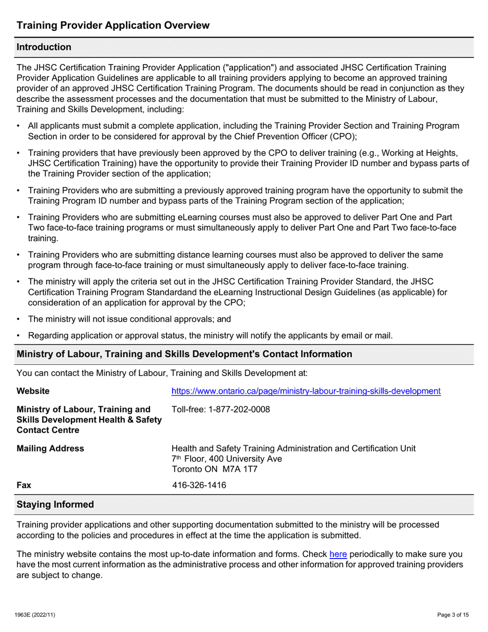 Form 1963E Joint Health and Safety Committee (Jhsc) Certification Training Provider Application - Ontario, Canada, Page 3