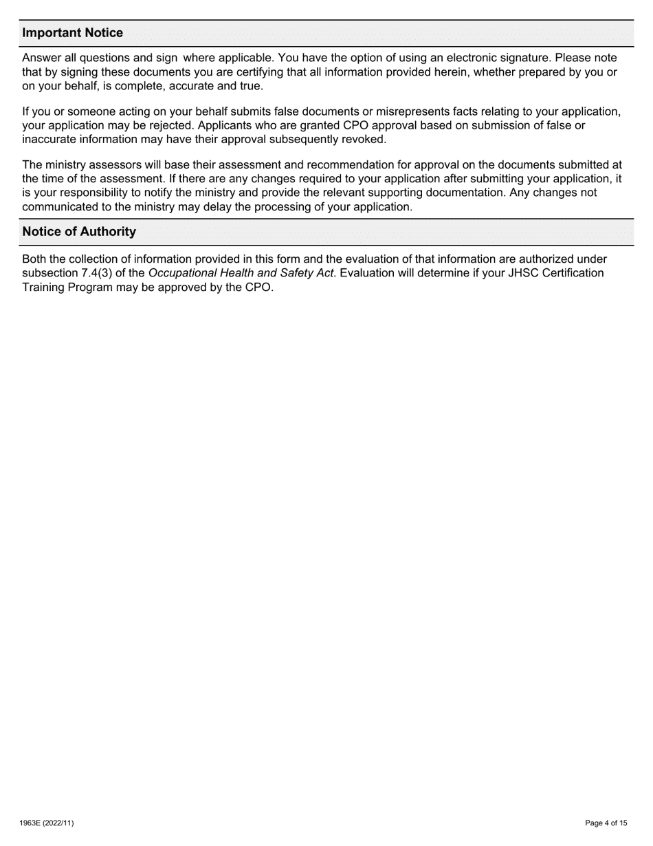 Form 1963E Joint Health and Safety Committee (Jhsc) Certification Training Provider Application - Ontario, Canada, Page 4