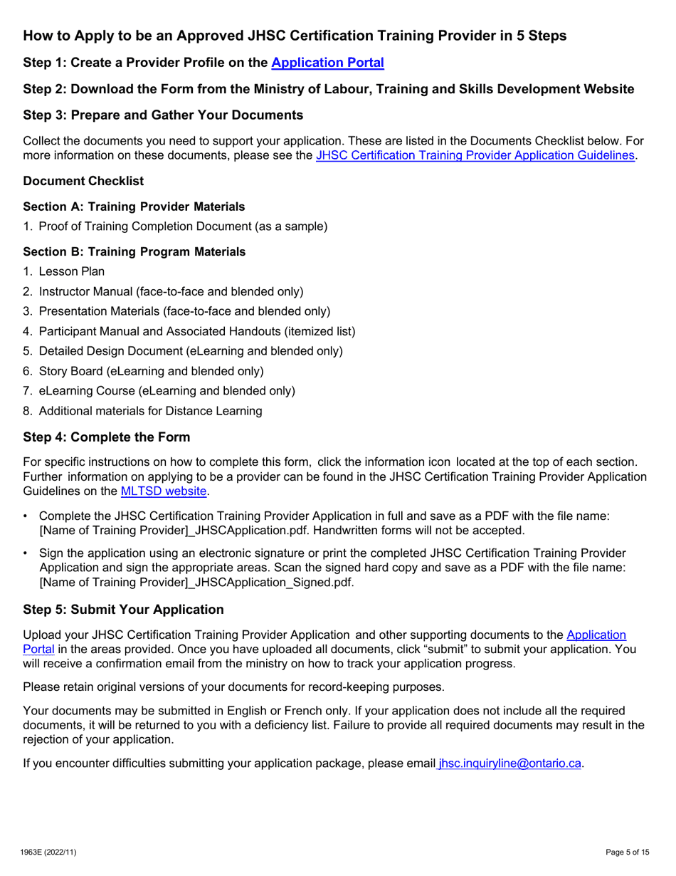 Form 1963E Joint Health and Safety Committee (Jhsc) Certification Training Provider Application - Ontario, Canada, Page 5