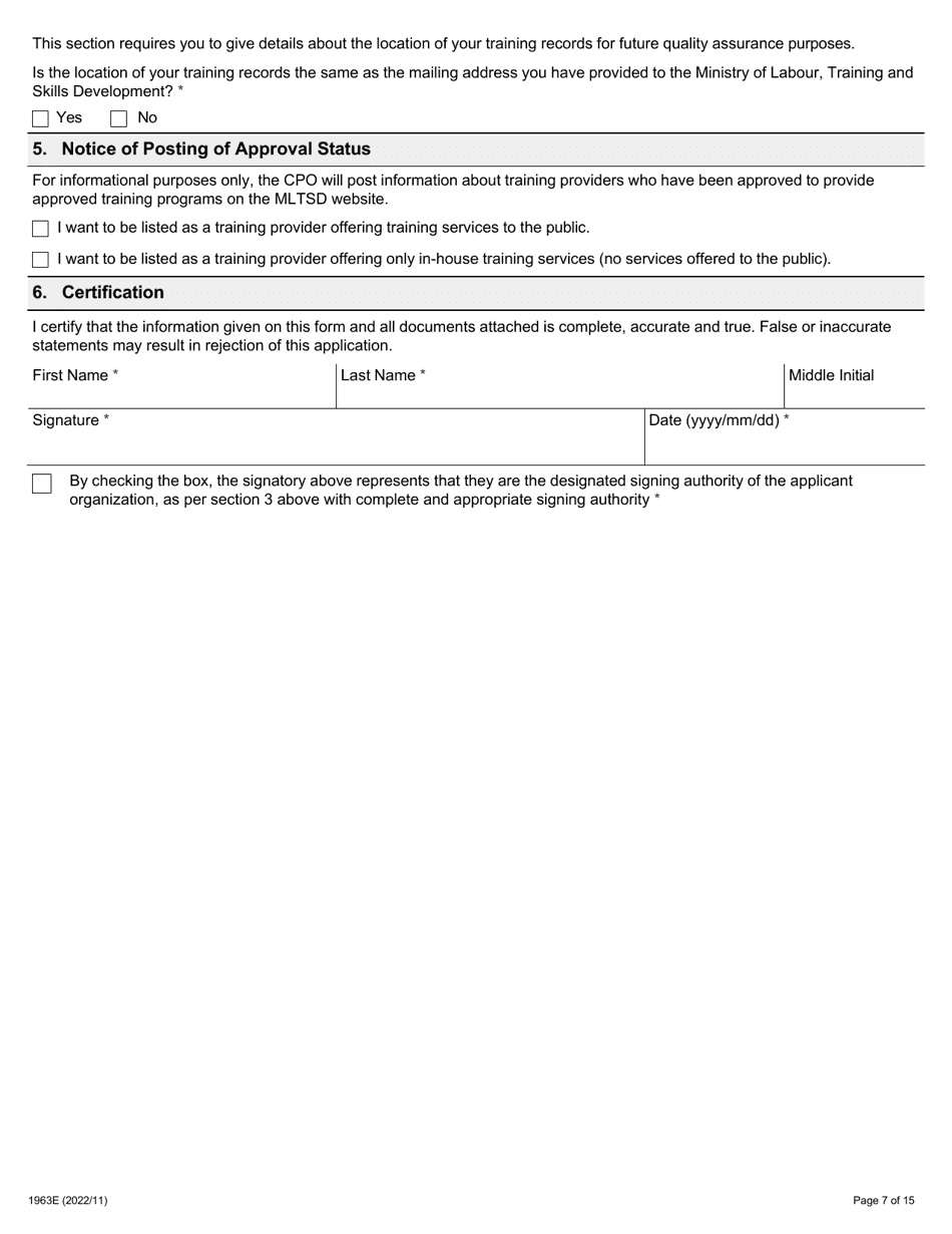 Form 1963E Joint Health and Safety Committee (Jhsc) Certification Training Provider Application - Ontario, Canada, Page 7
